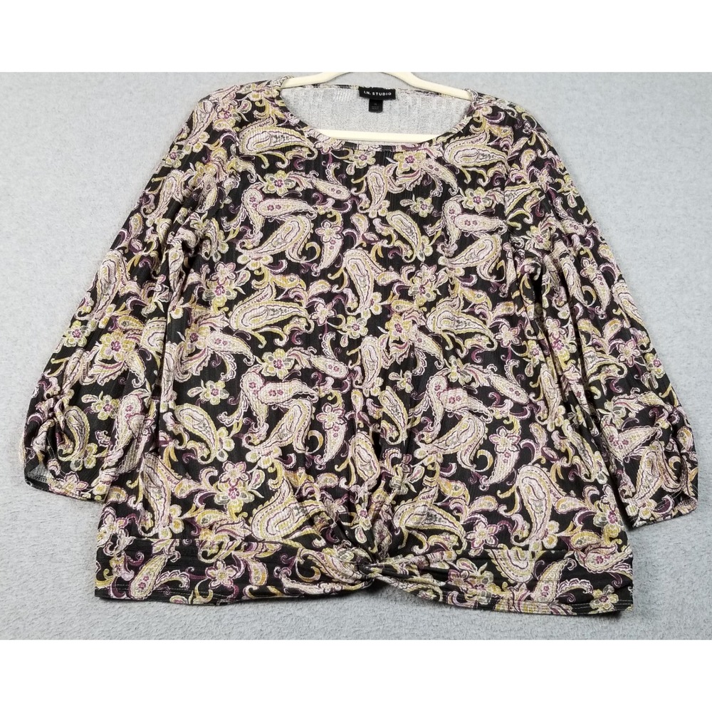 I.N.‎ Studio Top Womens XL Paisley Knot Front 3/4 Sleeve Rib Stretch See Through
